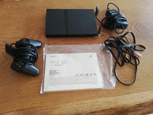 Playstation 2 Slim Konsole Schwarz Set mit allen Kabeln, Anleitung und einem Controller
